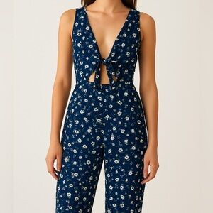Goldie One Piece Pants Romper Tie Front Cutout with Pockets M